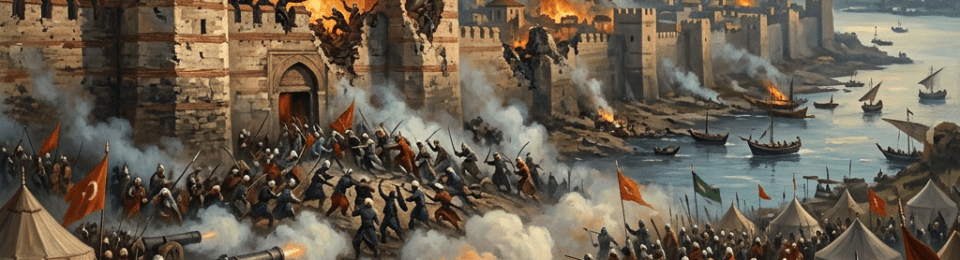 Ottoman army attacking Constantinople's fortress walls with cannons and soldiers